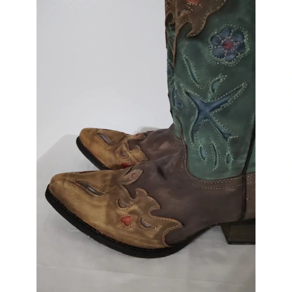 Dan Post Liberty Bird Brown Green Distressed Embroiderd Western Cowboy Boot 5.5Y